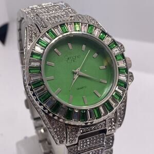 Unisex Silver Baguette Cut Hip Hop Bling Watch Green Dial Works New Battery